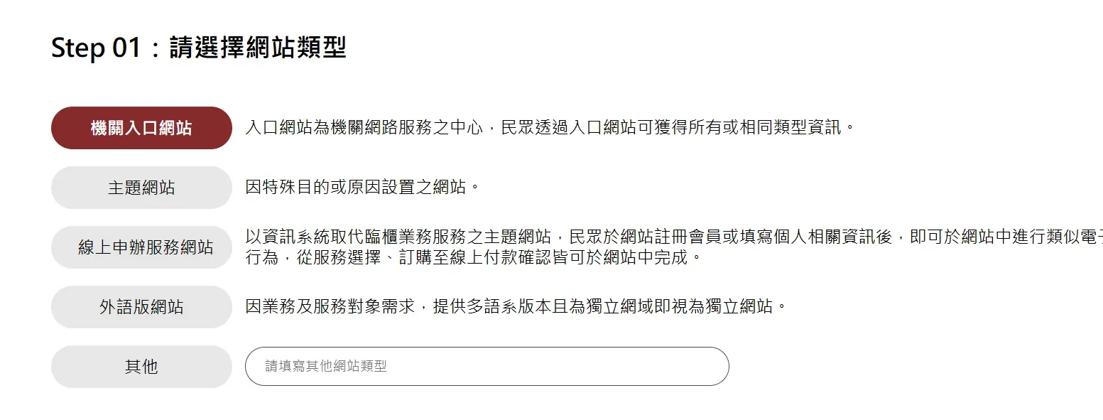 自我評量 Step 01，要求選擇網站類型：機關入口網站、主題網站、線上申辦服務網站、外語版網站、其他，每個選項都附有說明文字