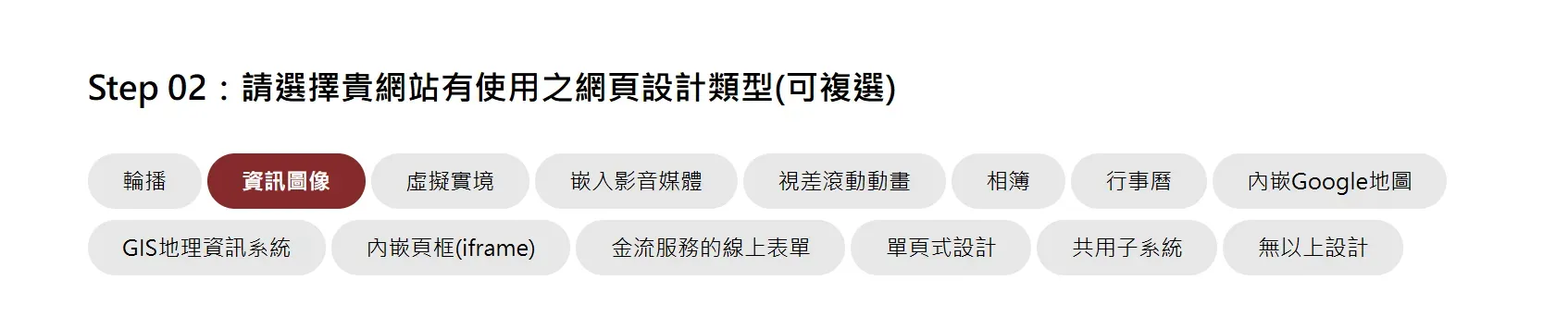 自我評量 Step 02，要求選擇網站使用的網頁設計類型（可複選）：輪播、資訊圖像、虛擬實境、嵌入影音媒體、視差滾動動畫、相簿、行事曆、內嵌 Google 地圖、GIS 地理資訊系統、內嵌頁框 iframe、金流服務的線上表單、單頁式設計、共用子系統、無以上設計