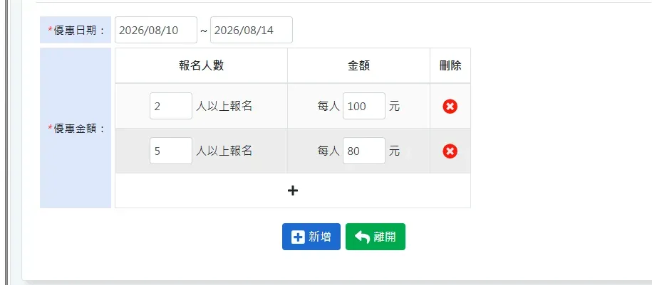 活動優惠金額設定畫面：可設定團報階梯優惠，例如 2 人以上每人 100 元、5 人以上每人 80 元
