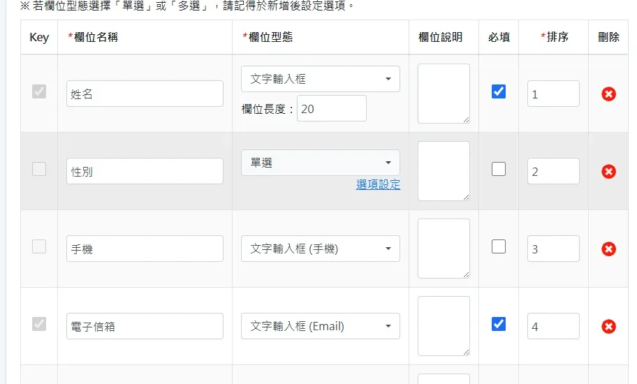 報名表欄位設定畫面：自訂報名表欄位（姓名、性別、手機、電子信箱），支援文字輸入框、單選、多選等欄位型態