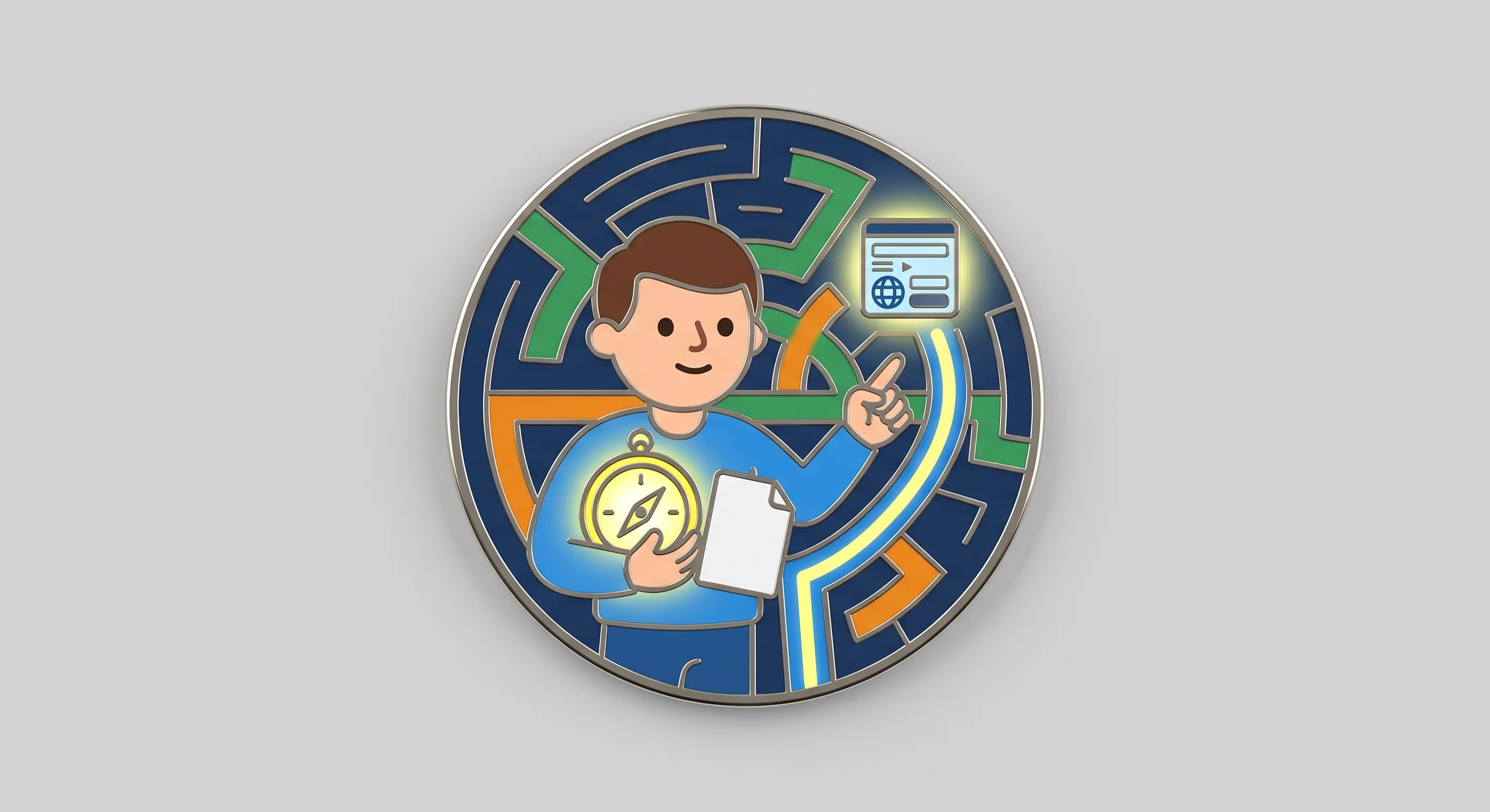 金屬徽章風格插畫，展示一位人物手持發光的指南針與文件，背景為迷宮與網頁元素，象徵 NPO 在選擇網頁設計公司時的導航與評估