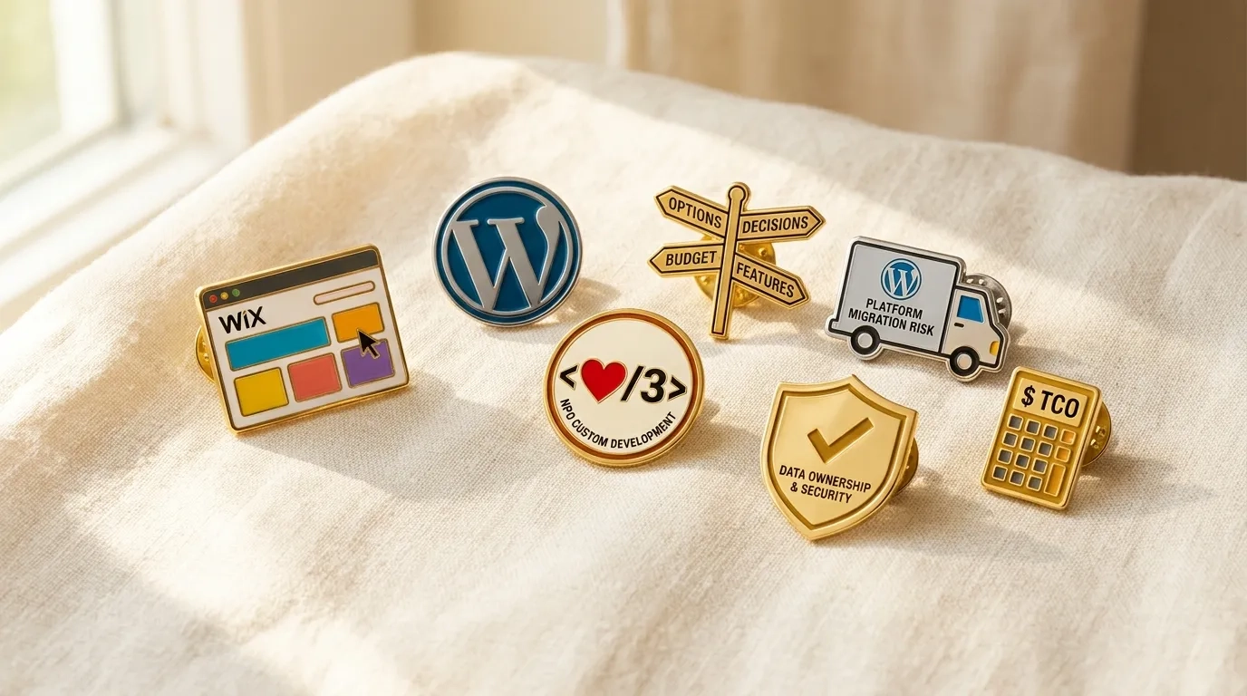 琺瑯別針風格封面圖：七枚主題別針代表 Wix 拖曳平台、WordPress 標誌、NPO 客製開發、決策十字路口、搬家風險卡車、資料安全盾牌與 TCO 計算機，象徵社福機構建站工具的多元選擇與評估面向