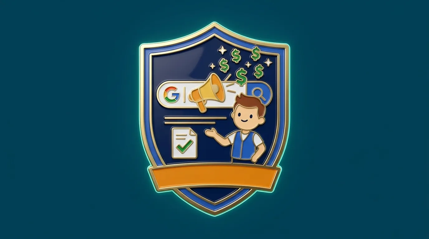 盾牌形琺瑯別針封面圖，描繪 NPO 人員透過 Google 搜尋廣告獲得免費廣告額度的場景，包含 Google 搜尋列、擴音器與美元符號等元素