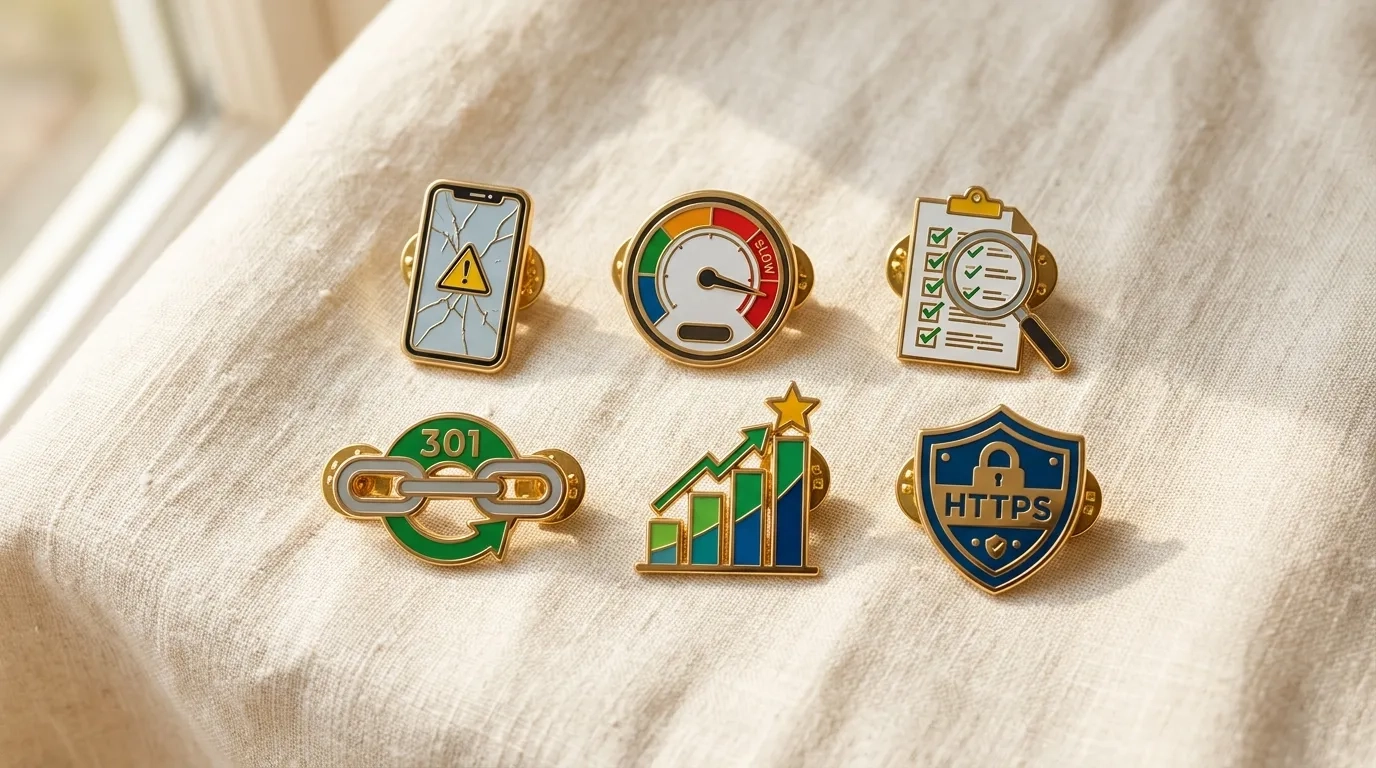 六枚琺瑯別針排列在米色亞麻布上，分別象徵手機可用性、頁面速度、驗收清單、301 轉址、關鍵字排名與 HTTPS 安全——代表 NPO 官網改版的六大關鍵面向