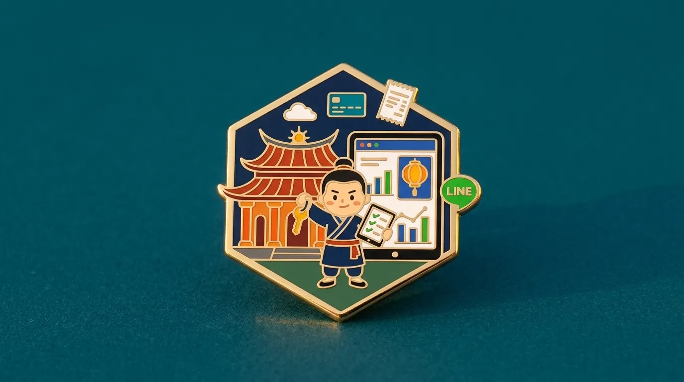 六角形琺瑯別針封面圖，描繪傳統宮廟與現代數位管理平板並列的場景，總幹事手持金鑰與數位清單，周圍環繞信用卡、收據與 LINE 圖示，象徵宮廟數位轉型的關鍵選擇