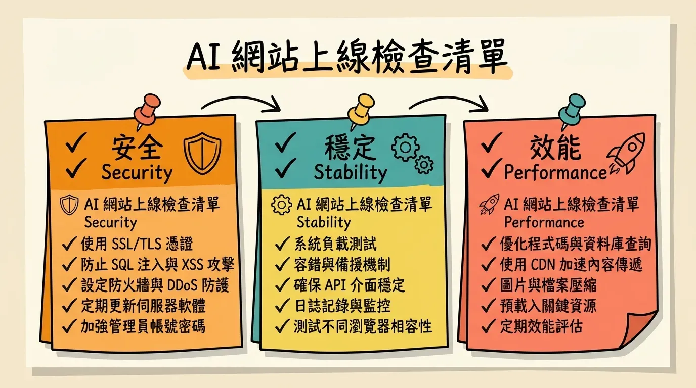 AI 網站上線檢查清單資訊圖表，分為三大維度：安全（SSL憑證、輸入驗證、DDoS防護）、穩定（系統負載、容錯備援、日誌監控）、效能（優化程式碼、CDN、圖片壓縮、預載資源）