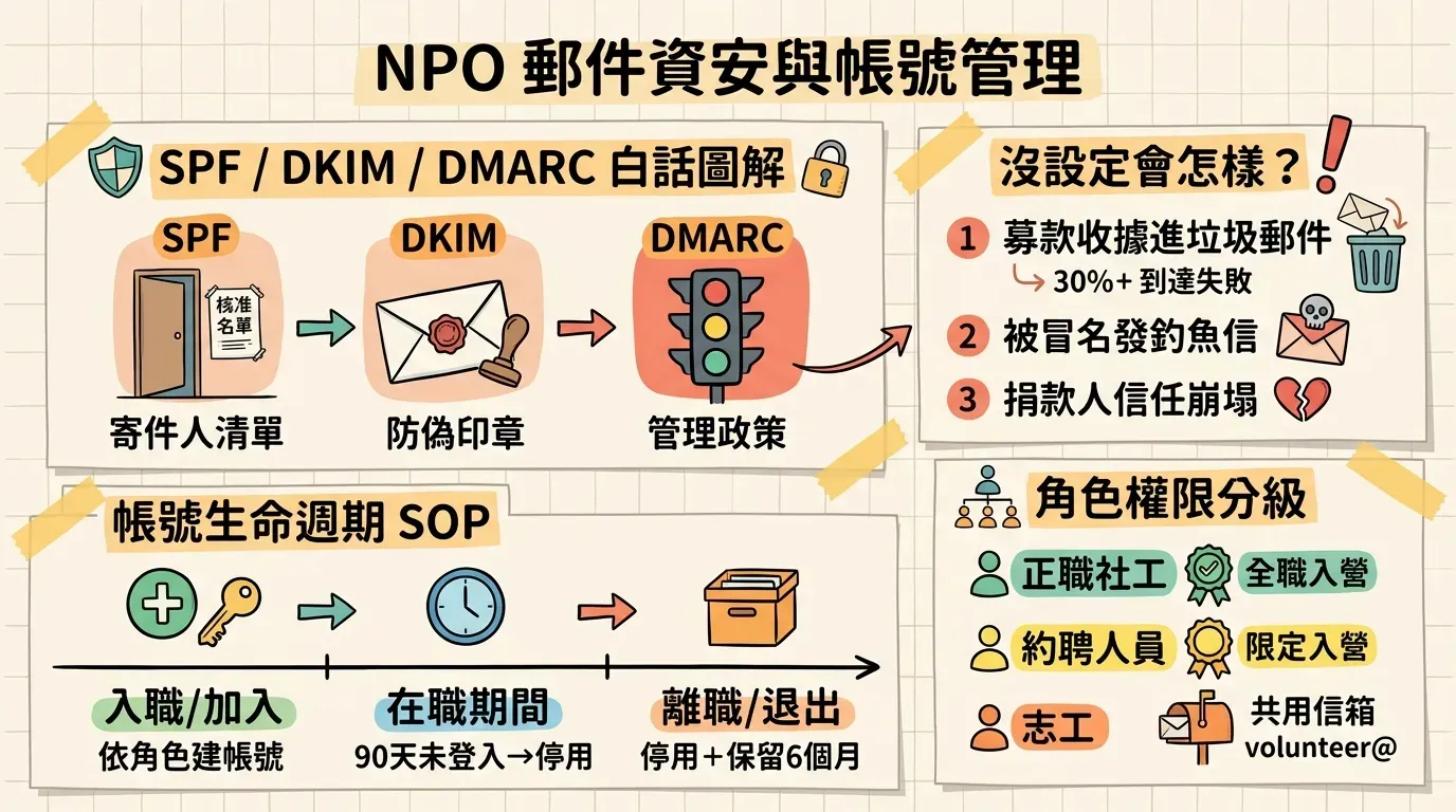 NPO 郵件資安與帳號管理資訊圖表：SPF、DKIM、DMARC 白話圖解、未設定的三大後果、帳號生命週期 SOP 三階段、以及正職社工／約聘／志工的角色權限分級