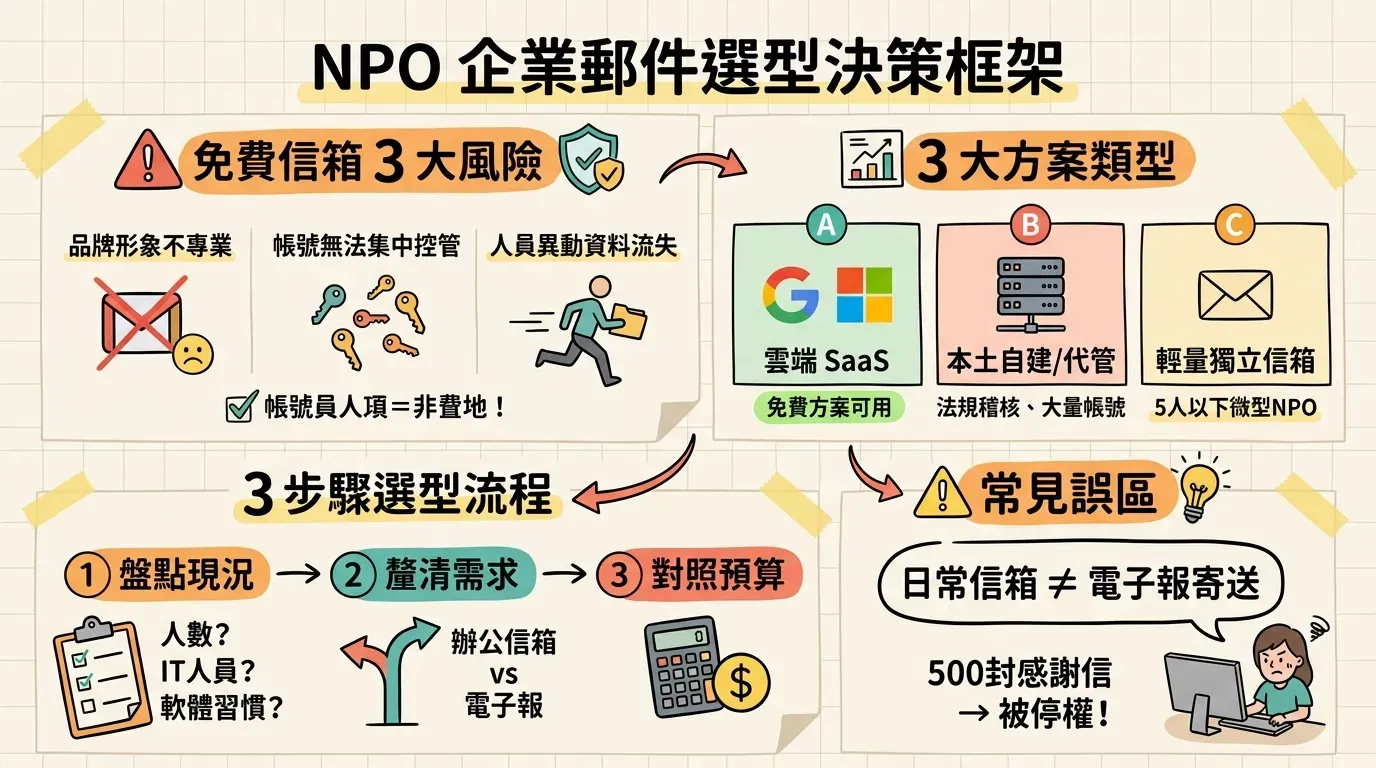 NPO 企業郵件選型決策框架資訊圖表：免費信箱 3 大風險、3 大方案類型比較、3 步驟選型流程、以及日常信箱與電子報寄送的常見誤區