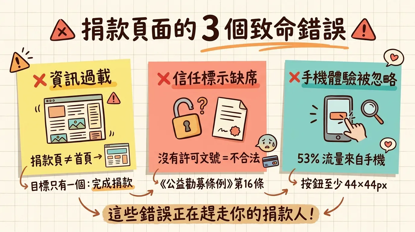 捐款頁面 3 個致命錯誤的手繪資訊圖表：資訊過載（捐款頁不等於首頁）、信任標示缺席（缺少許可文號違反公益勸募條例第 16 條）、手機體驗被忽略（53% 流量來自手機但按鈕太小）
