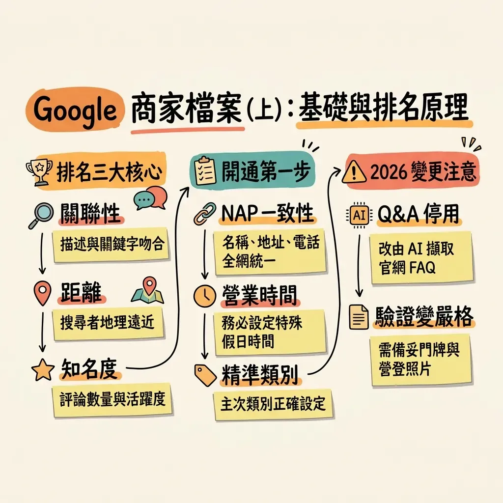 Google 商家檔案基礎與排名原理資訊圖表，包含關聯性、距離、知名度三大核心因素，以及 NAP 一致性等開通第一步檢查清單