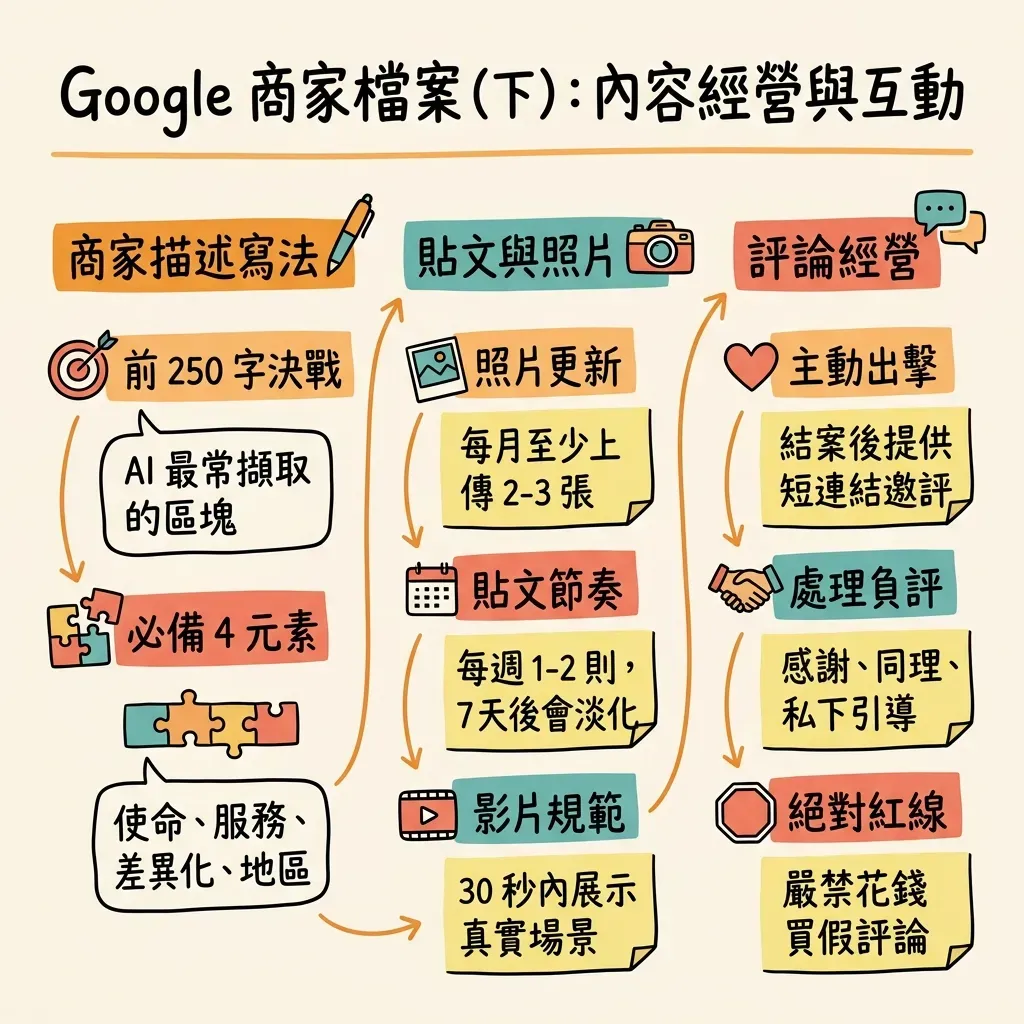 Google 商家檔案內容經營與互動資訊圖表，涵蓋商家描述寫法、每月照片更新、每週貼文節奏以及主動處理評論與負評的策略