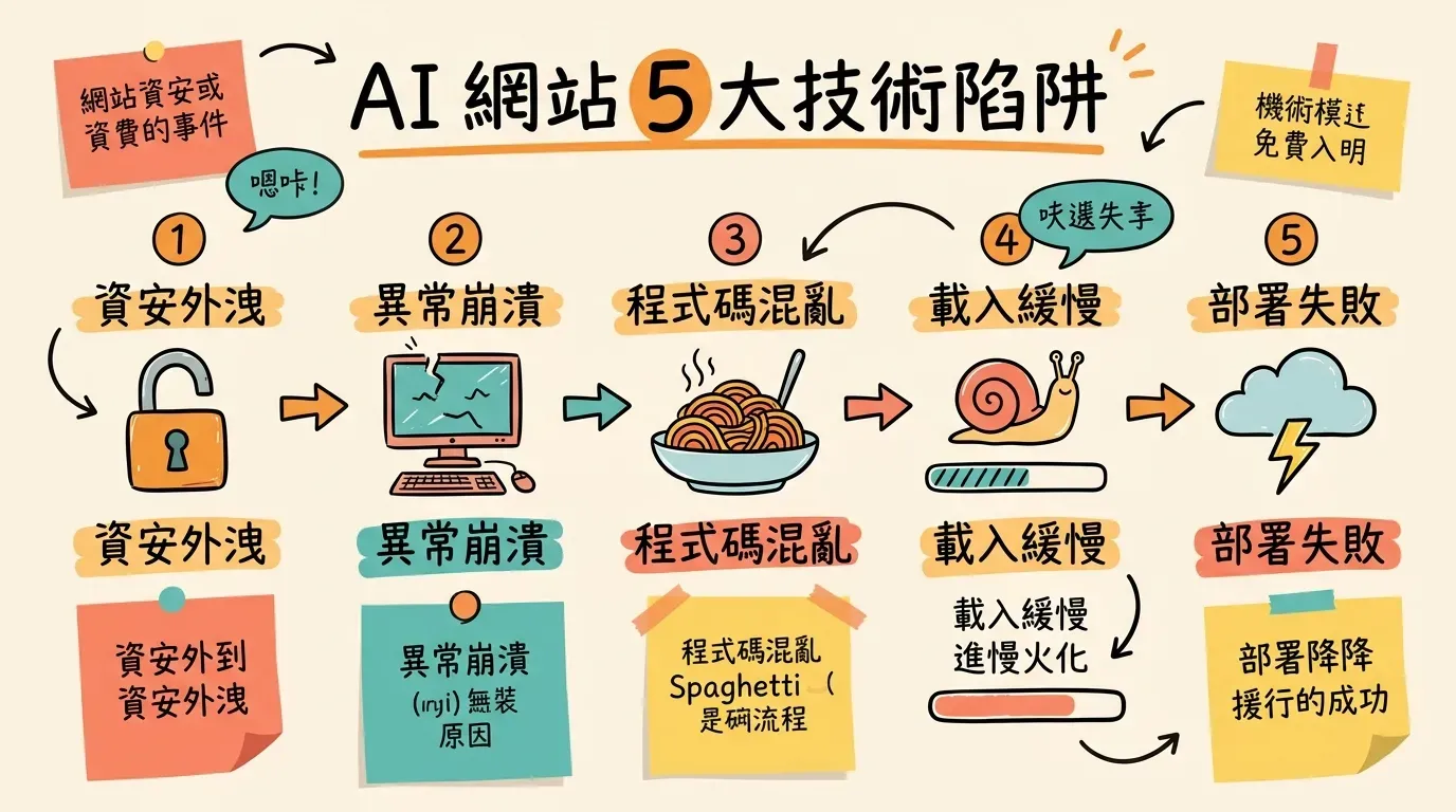 AI 網站 5 大技術陷阱資訊圖表，列出：1. 資安外洩（API金鑰外洩前端）、2. 異常崩潰（零錯誤處理）、3. 程式碼混亂（AI越改越亂）、4. 載入緩慢（首頁載入超過5秒）、5. 部署失敗（域名與SSL設定困難）