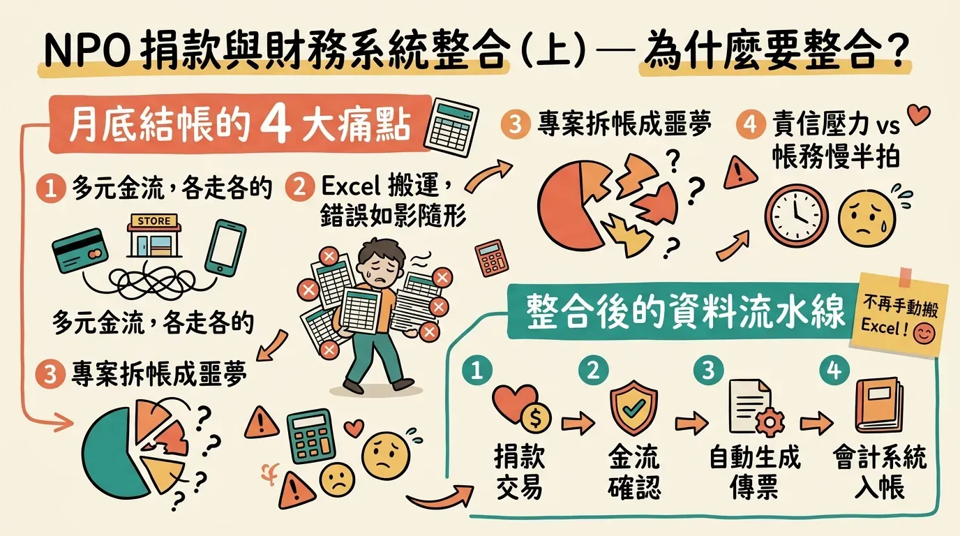 NPO 捐款與財務系統整合資訊圖表（上）：月底結帳的 4 大痛點——多元金流各走各的、Excel 搬運錯誤如影隨形、專案拆帳成噩夢、責信壓力與帳務慢半拍；整合後的資料流水線 4 步驟——捐款交易、金流確認、自動生成傳票、會計系統入帳