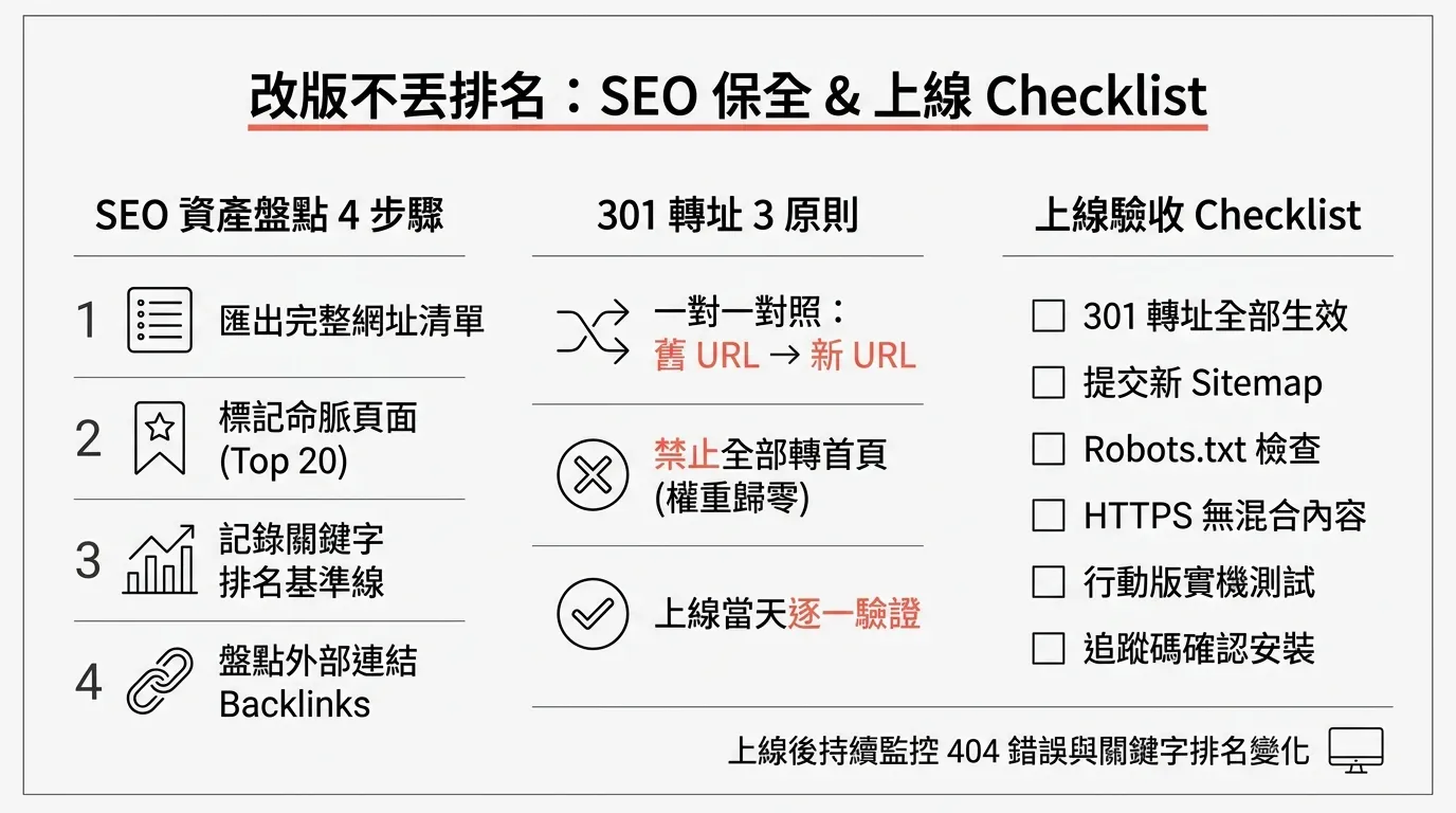 改版不丟排名資訊圖表：左欄 SEO 資產盤點 4 步驟（匯出網址清單、標記命脈頁面 Top 20、記錄關鍵字排名基準線、盤點外部連結 Backlinks），中欄 301 轉址 3 原則（一對一對照、禁止全部轉首頁、上線當天逐一驗證），右欄上線驗收 Checklist（301 轉址生效、提交 Sitemap、Robots.txt 檢查、HTTPS 無混合內容、行動版實機測試、追蹤碼確認安裝）