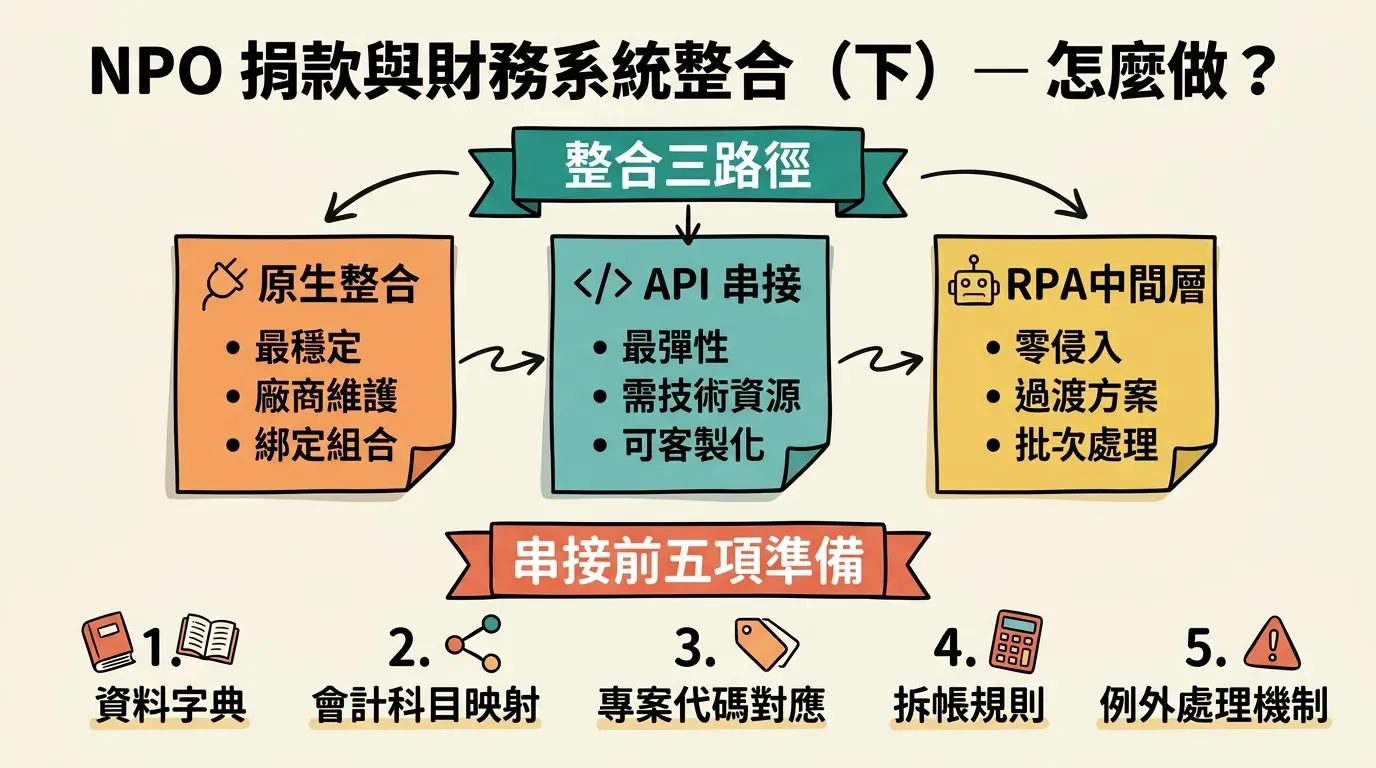 NPO 捐款與財務系統整合資訊圖表（下）：三種整合路徑比較——原生整合（最穩定、廠商維護、綁定組合）、API 串接（最彈性、需技術資源、可自定義）、RPA 中間層（零侵入、過渡方案、批次處理）；串接前 5 項準備工作——資料字典、會計科目映射、專案代碼對應、拆帳規則、例外處理機制
