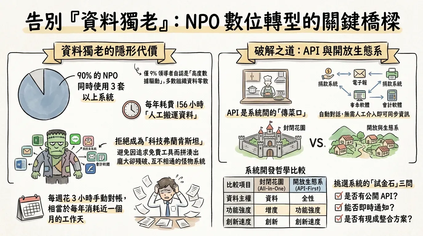資訊圖表：左半部呈現資料獨老的隱形代價，包含 90% NPO 使用 3 套以上系統、每年耗費 156 小時人工搬運資料等數據；右半部說明 API 如何作為系統間的傳菜口，自動串接捐款系統、電子報與會計軟體，並附封閉花園與開放生態系的比較表及挑選系統的試金石三問