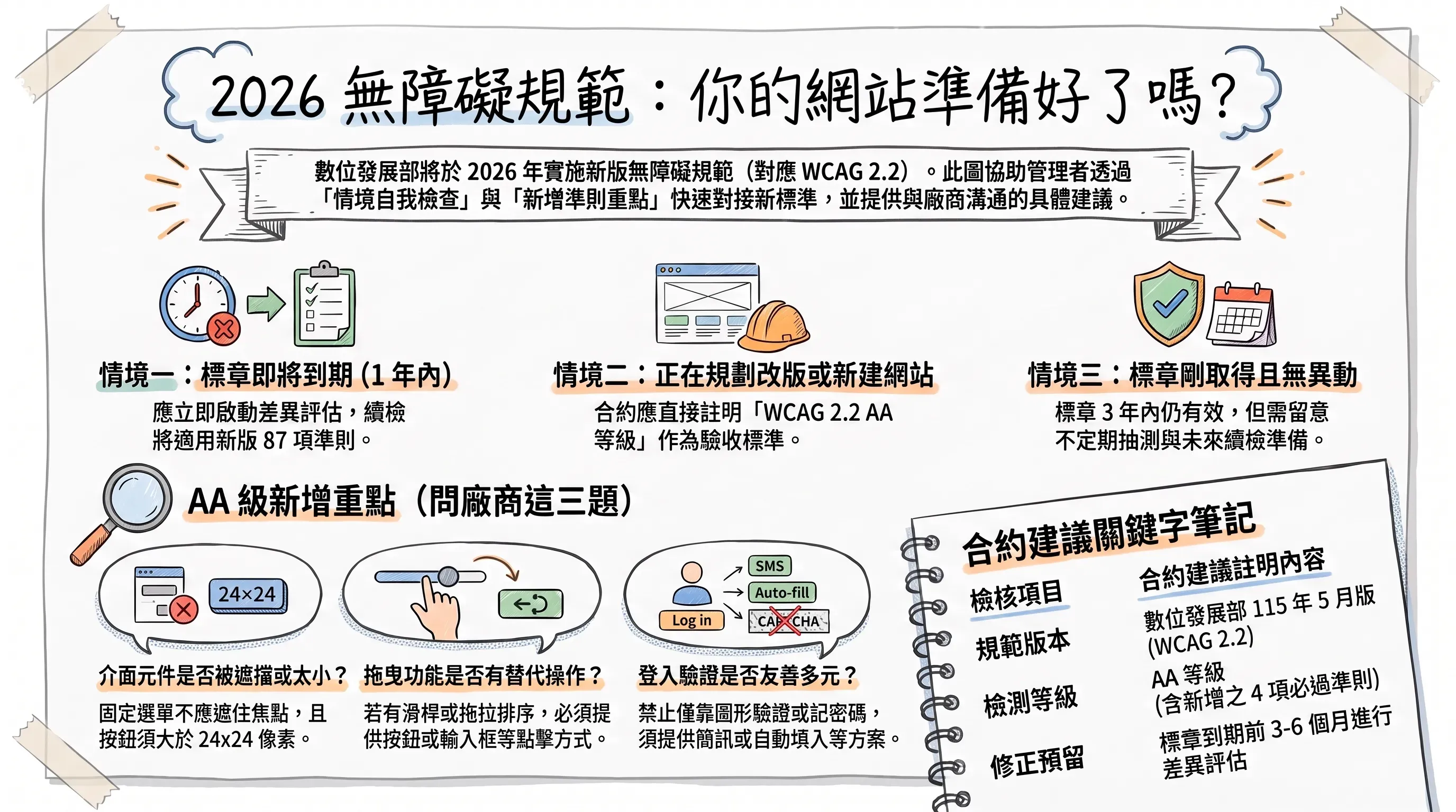 2026 無障礙規範改版資訊圖表：上半部為三種情境自我檢查（標章即將到期、正在規劃改版、標章剛取得），下半部為 AA 級新增三大重點（介面元件遮擋與尺寸、拖曳替代操作、登入驗證多元化）及合約建議關鍵字筆記