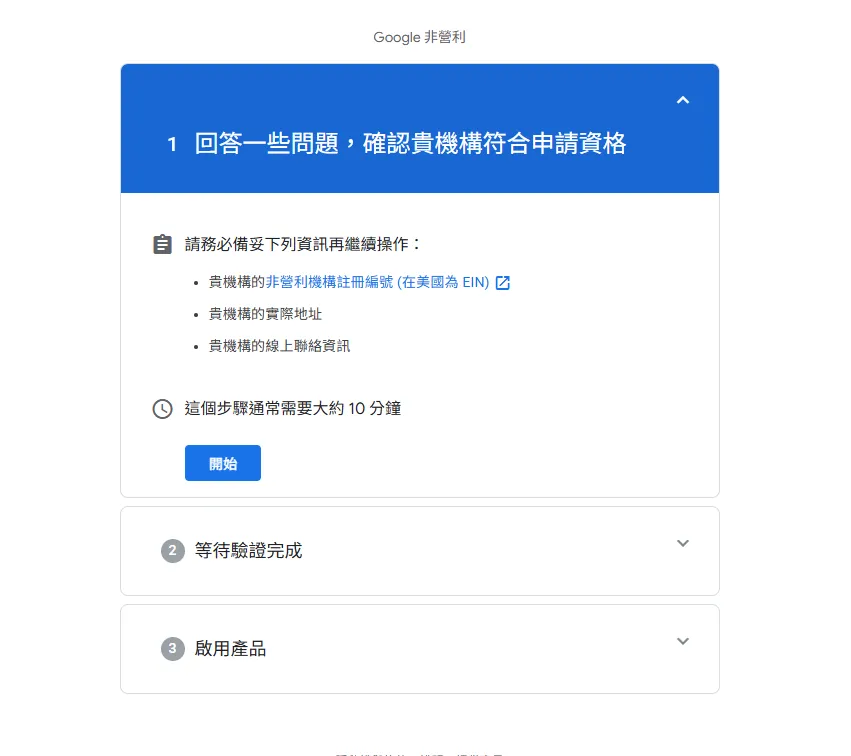 Google 非營利版申請流程總覽，分為三階段：第一階段「回答一些問題，確認貴機構符合申請資格」需準備非營利機構註冊編號、實際地址和線上聯絡資訊，約 10 分鐘；第二階段「等待驗證完成」；第三階段「啟用產品」